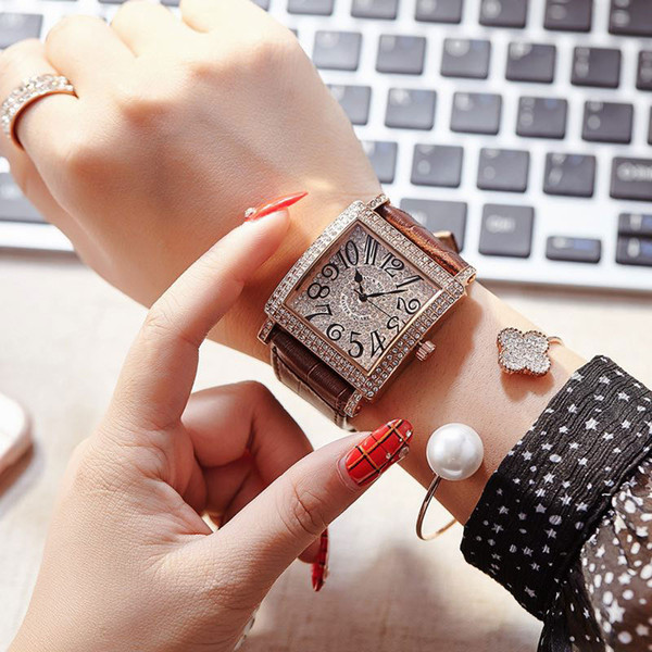 High quality Ladies AAA Watch Famous Brand Luxury Women watches Modern Rhinestone Square Dial Leather Strap Quartz wristwatch For girls