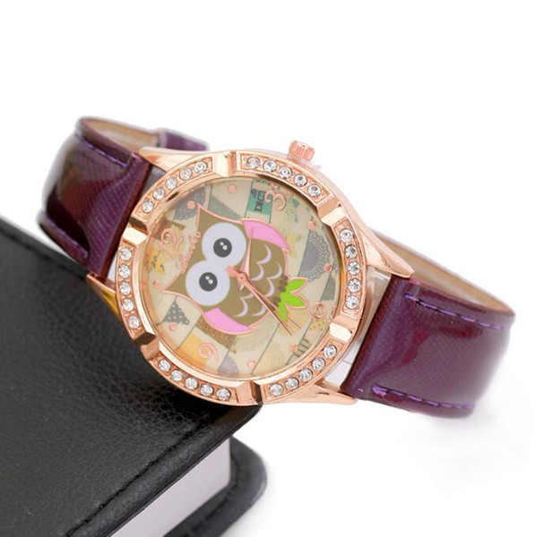 Fashion hot explosion big eye owl diamond watch ladies point diamond bright leather ladies watch