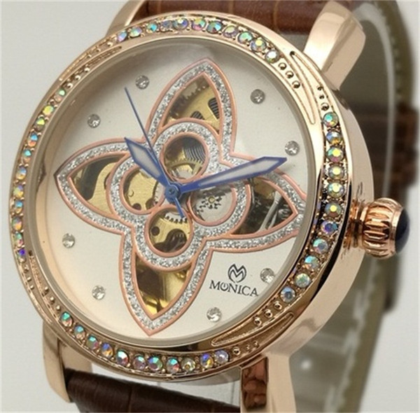 Automatic Mechanical Watch 2017 New Women's Leather Hollow Watch Guangzhou Fashion Brand MUONIC Color Decorated Diamond Watch