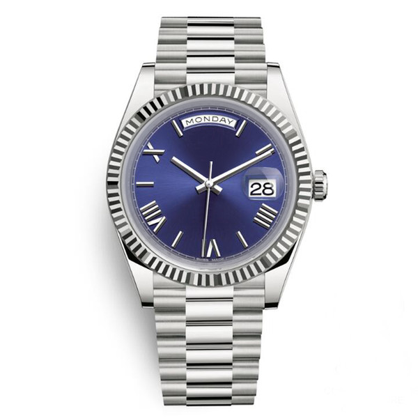 Daydate Luxury Mens Watch President Automatic Watches Men Silver Strap Blue Dial AAA Crown Watches Men Swiss Designer Watches Day Date 40mm