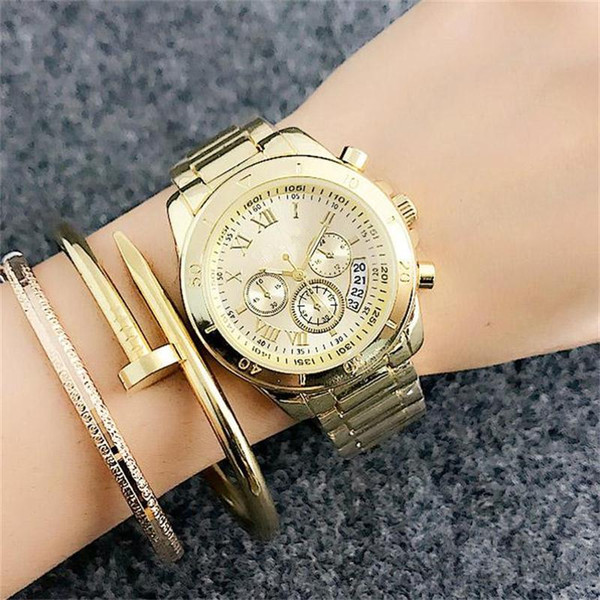 36mm Women's Quartz wrist Watches for women Fake 3-eye Roman alphabet dial style Metal steel band Calendar Quartz Watches
