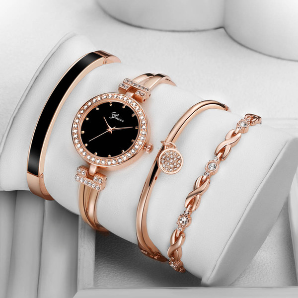 4 PCS Set Women Rose Gold Diamond Bracelet Watch Luxury Jewelry Ladies Female Girl Clock Casual Quartz Wristwatches