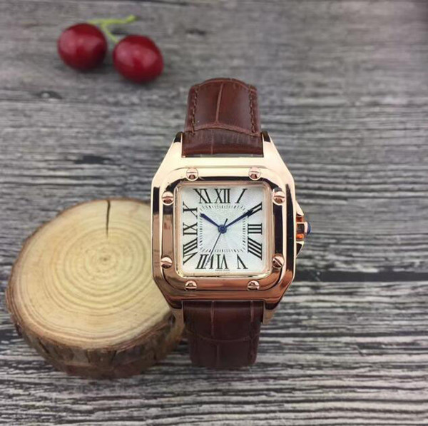 2018 Fashion Luxury Watches Unisex Women Men Watch Square 32mm Bezel Leather Strap Top Brand Quartz Wristwatches for Men Lady Best Gift