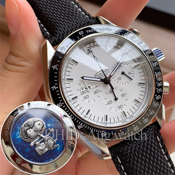 Apollo 13 Snoopy Award Limited Watches Chronograph Sport White Dial Steel Case Leather Strap Import Quartz watch with back snoopy watch R336