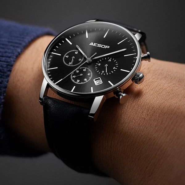 AESOP New Black Sport Watch Men Quartz Wristwatch Leather Band Male Clock Wrist Shockproof Waterproof Relogio Masculino Hodinky 43 1005G