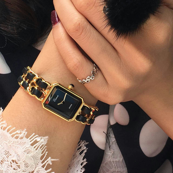 New Arrival Gold Watch Women Dress Watch Luxury Stainless Steel Chain With Leather Fashion Lady Bracelet Quartz Wristwatch For Lady Gift