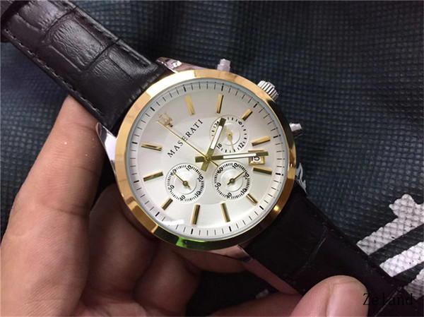 AAA+ Italy Brand Maserati Six-Pins Three-eyes Men And Women Luxury Watches Skillful Manufacture Leather Belt Chronograph Quartz Wristatch