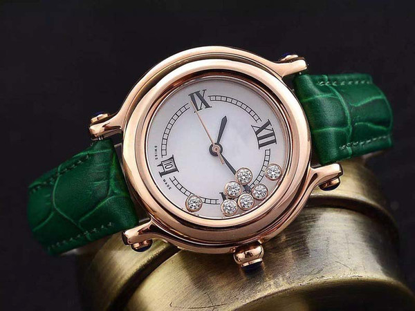 Top grade Luxury Brand Elegant Design Womens watch diamond white mother-of-pearl dial Quartz 36mm Green leather strap Jewel Lady watches