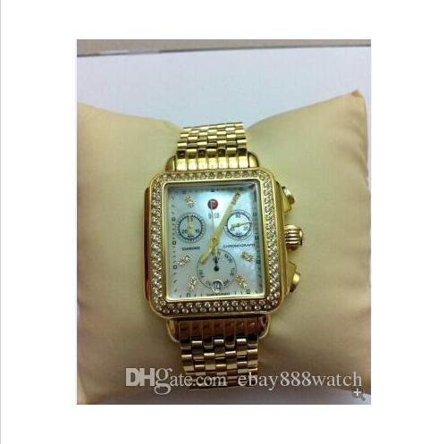 Hottest!!! Michele Deco Diamond Chronograph/day/date fully function Gold Quartz watch fashion women's Dress Watches