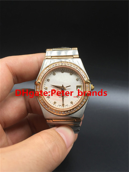 Luxury rose gold full diamond case lady's fashion watches mechanical automatic movement staintless steel strap white dial women watch