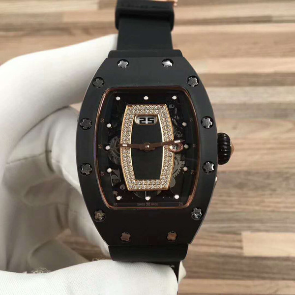 Luxury Ladies watch 037 Ceramic Watch import Swiss Automatic Movement 28800 vph Skeleton Diamond Dial Sapphire Crystal Rubber strap