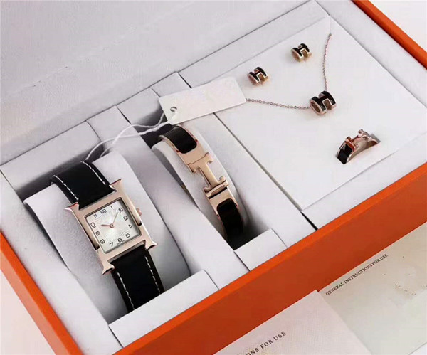 2019 Newest Luxury Brand Watch Bracelet Earring Necklace Ring sets 5 in 1 with box Shop bag for Women Quartz Herm Best gift designer jewelry