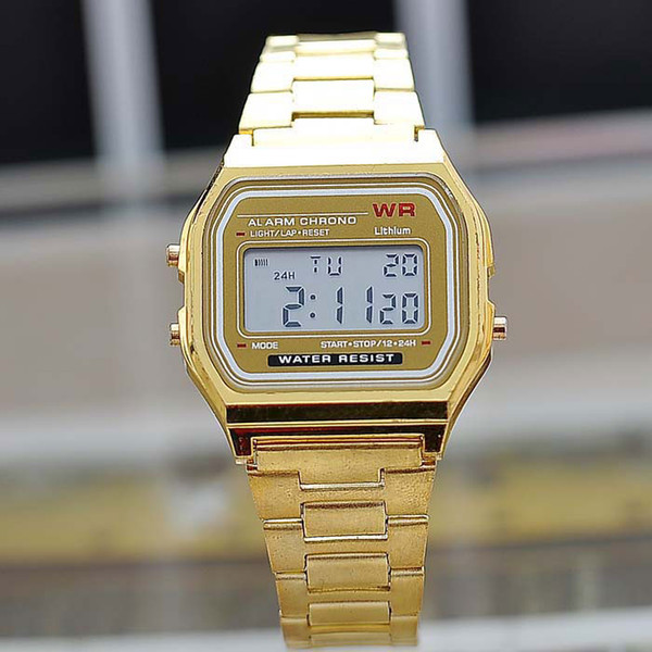 Hot Fashion metal watchband LED electronic table watch Gold digital luminous watches