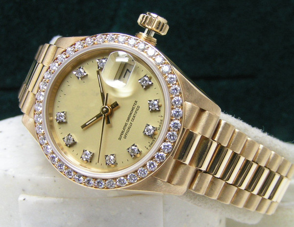 Free shipping Lady Automatic Mechanical Watch President Champagne Diamond Dial & Bezel 18kt Gold Luxury Womens Wrist Watches