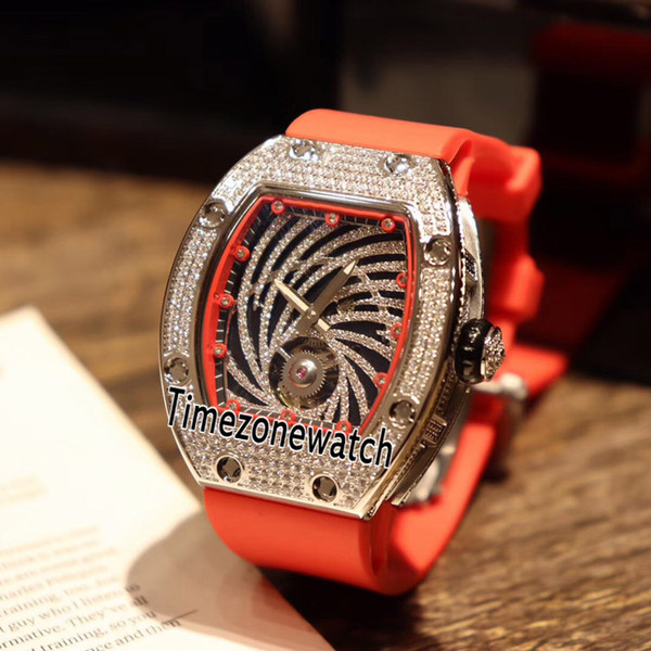 Spuer Edition 51-02 Silver Diamond Bezel Spiral Lines Skeleton Diamond Dial Tourbillon Miyota Automatic Womens Watch Red Rubber Watches 13a1