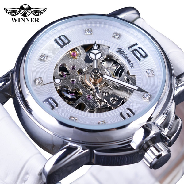 Winner 2019 Ladies Diamond Display Women Top Brand Luxury White Simple Skeleton Transparent Case Automatic Mechanical Watches+Watch Box