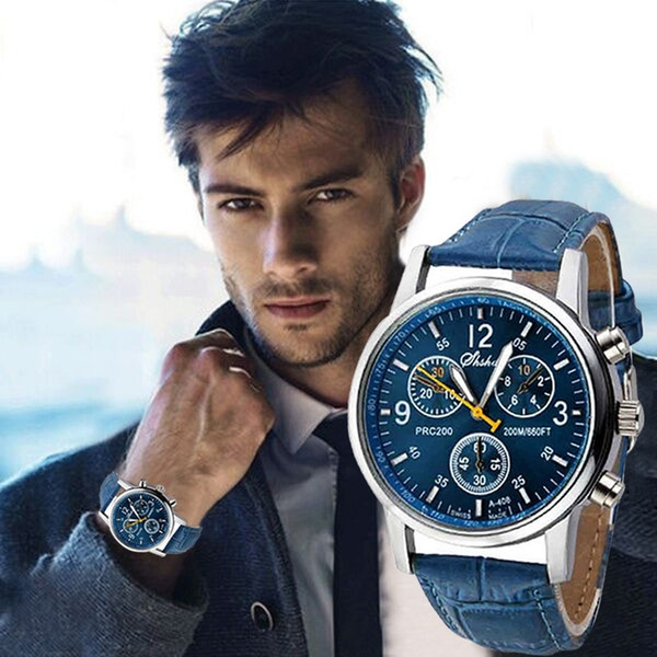 Luxury Faux Leather Mens Blue Ray Glass Quartz Analog Watches Men Uhren El Reloj L'Orologio El Reloj Análogo Del Mens Manera Mira El Azul