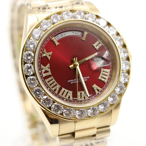 Free Shipping Watches Men Luxury Brand Day-Date Red Face Diamond Watch Men Automatic AAA Sapphire 18K Original Clasp Mechanical Wrist Watche