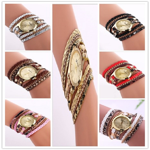 Hot sales Explosion models pu ladies winding watch fashion leopard woven bracelet watch