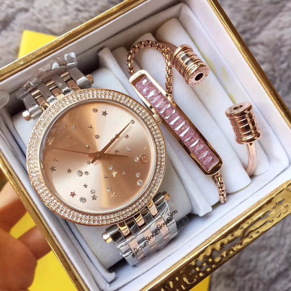 Top Iced Out Womens Rose Gold Diamond Ladies Watch M3192 M3190 Box Designer Luxury Wristwatches Watches With Bracelet Chains