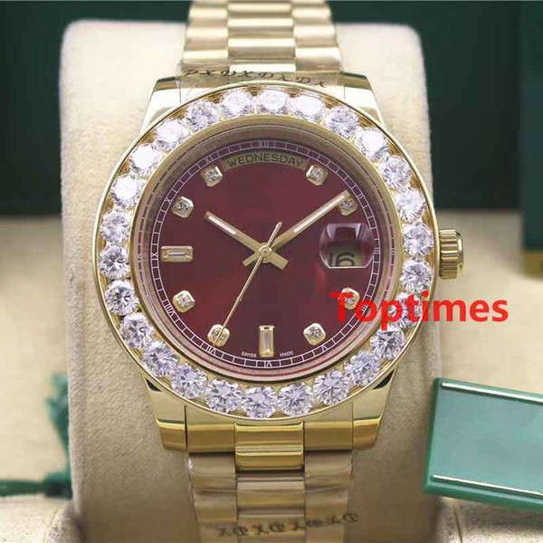 Yellow Gold Luxury Men Automatic Iced Out Watch Mens Watch Daydate President Wristwatch Red Business Reloj Big Diamond Watches Men