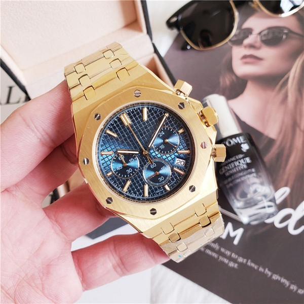 All Subdials Work AAA Mens Watches Stainless Steel Quartz Gold Wristwatches Stopwatch Luxury Watch Blue Dail relogies for men relojes