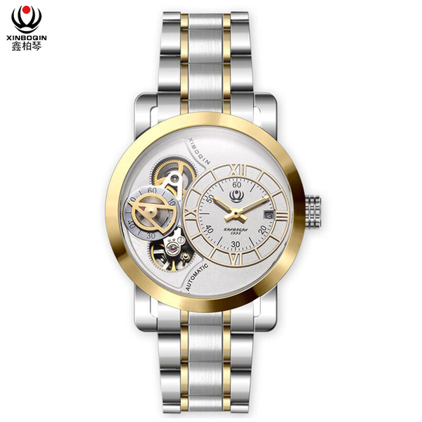 XINBOQIN Factory Custom Wholesale Creative Design Two Movement Quartz Automatic Mechanical Men Business Watch Small Orders Wholesale