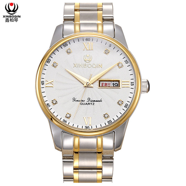 XINBOQIN Custom Mens Brand Your Own luxury Stainless Steel Waterproof Calendar Business Quartz Watch Retail sale Small Order Dropshipping