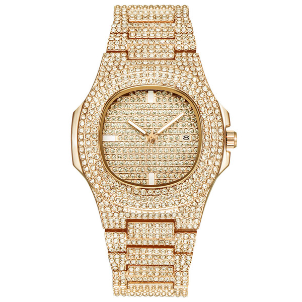 Hip Hop Bling Diamond Watch For Men Gold Stainless Steel Band Men's Business Quartz Watches Man Waterproof Relogio Masculino drop shipping