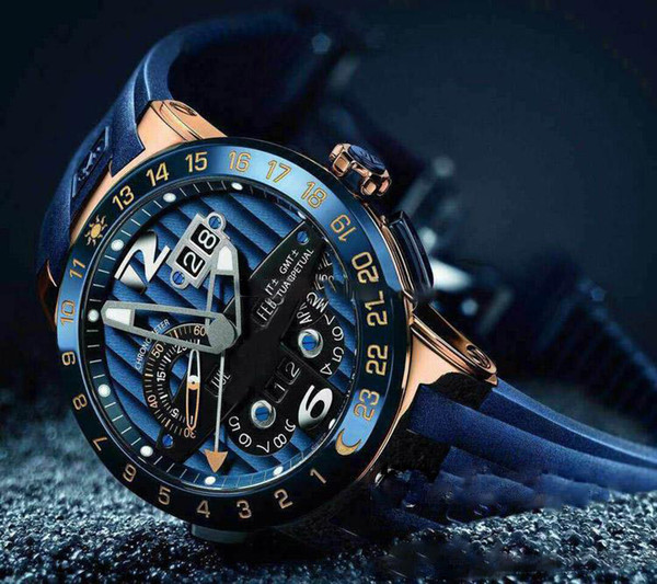 2018 New Ulysse Executive El Toro/Black Toro Perpetual Calendar GMT 326-00-3/BQ Rose Gold Blue Dial Blue Rubber Automatic Mens Watch UN-17c3