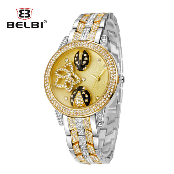 BELBI Ultra Thin Gold Woman Diamond Flower Watches 2018 Brand Luxury Nurse Ladies Dresses Female Folding Buckle Wristwatch Gifts for Girls