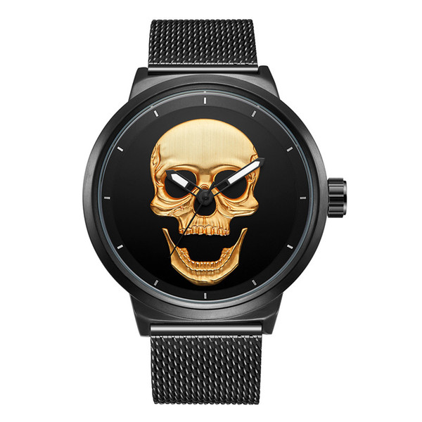 2019 AAA Fashion 3D Skull Mens Casual Watch Black Gold Stainless Steel Cool Male's Wristwatches Unique Waterproof Quartz Clock Designer BRW