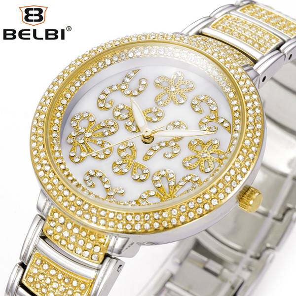 BELBI Marca Flor jes las mujeres Inicio de lujo Cuarzo reloj de pulsera Manera ocasional Plata Oro [T/T] para Señora