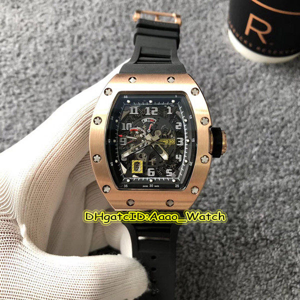 Luxry New RM030 Skeleton Black Dial Rose Gold Case Japan Miyota Automatic Mens Watch Black Rubber Strap Sports Watches High Quality