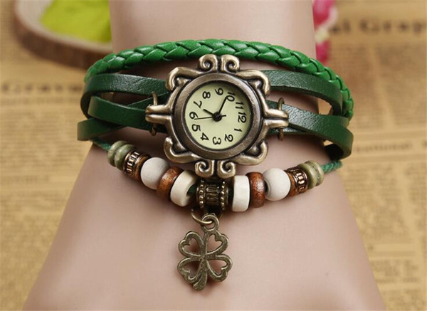 Fashion Women Watch Ladies Bracelet Watch Leather Retro Four Leaf Clover Pendant Wrist Quartz Watches for Women