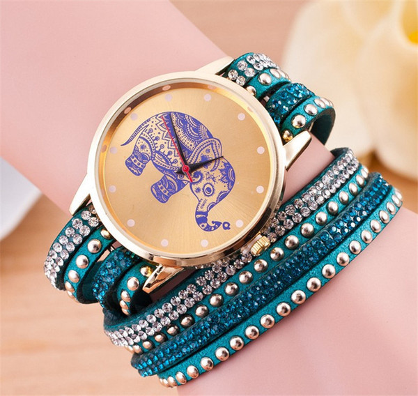 Fashion Elephant Quartz Watch Multilayer Diamond Roped Leather Rivets Bracelet Watch Women Rhinestone Casual Relogio Feminino Watches