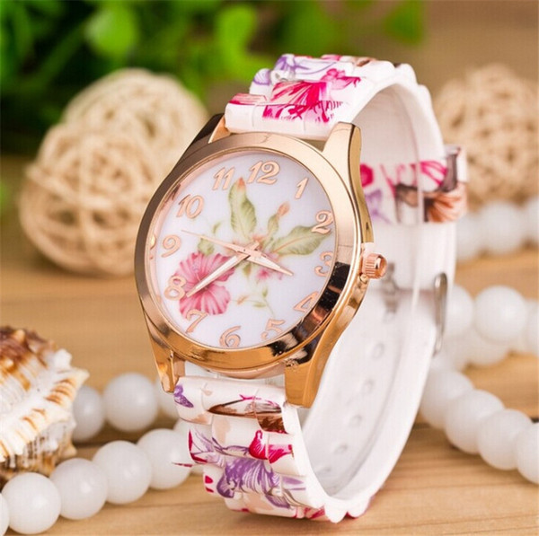 Fashion Geneva Wrist Watch Women Watch Flower Luxury Geneva Watches Silicone Jelly Candy Rose Gold Blossom Quartz Watches Sports Watch