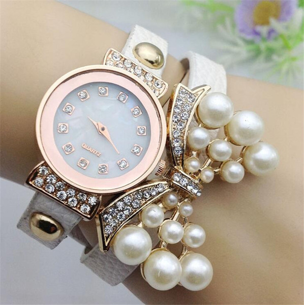 Fashion Rhinestone Belt Quartz Watch Women Diamond Pearl Butterfly Layers Leather Bands Wristwatch Bracelets Bangle Charm Jewelry Gift