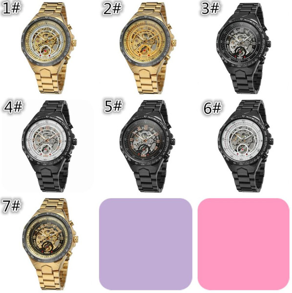 20pcs 7 colors Men Clock Classic Mechanical Self Wind Wrist Dress Skeleton Watch Winner Brand Gold Watch Stylish Steel J113