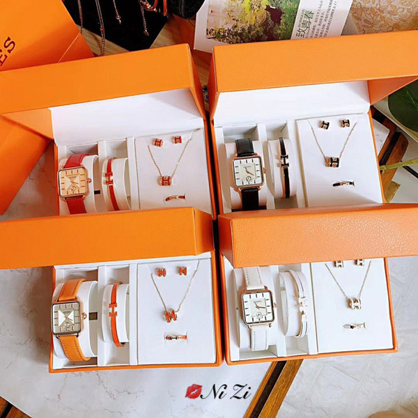 2019 New Luxury Top Quality Watches Cuff Earring Necklace Ring set 5 in 1 box For Women Quartz Herm Best Gift Jewelry Designer