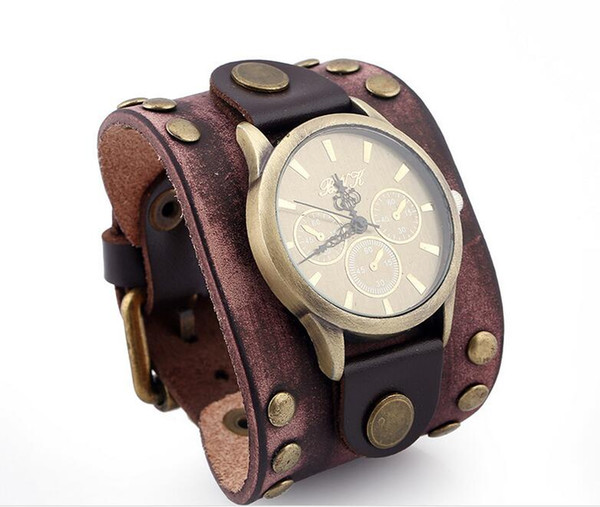 2017 new fashion 100% Genuine leather Bracelet Watch rivet Wide Bracelet 52mm Men watch Belt buckle Retro Leather Bracelet Watch