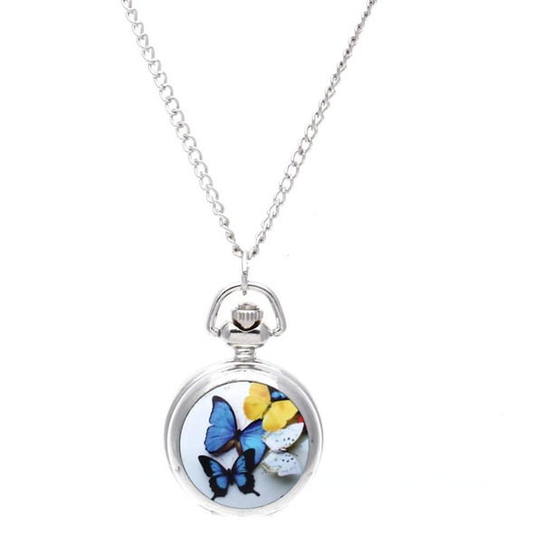 Colorful Butterfly Women Necklace Watch Round Open Box Pendant Quartz Locket Pendant Quartz Pocket Watch Necklace Chain Vintage Butterfly