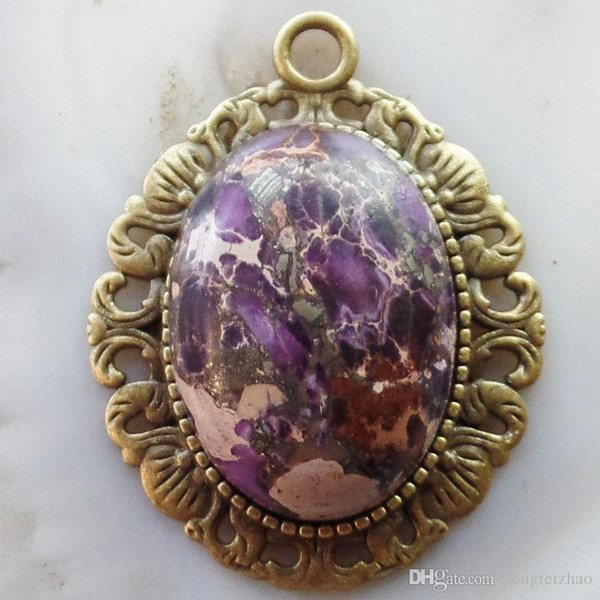 Free Shipping 2Pcs 25x18mm Bronze Inlay Purple Sea Sediment Jasper & Pyrite Pendant Bead Total Size 37x29x8mm