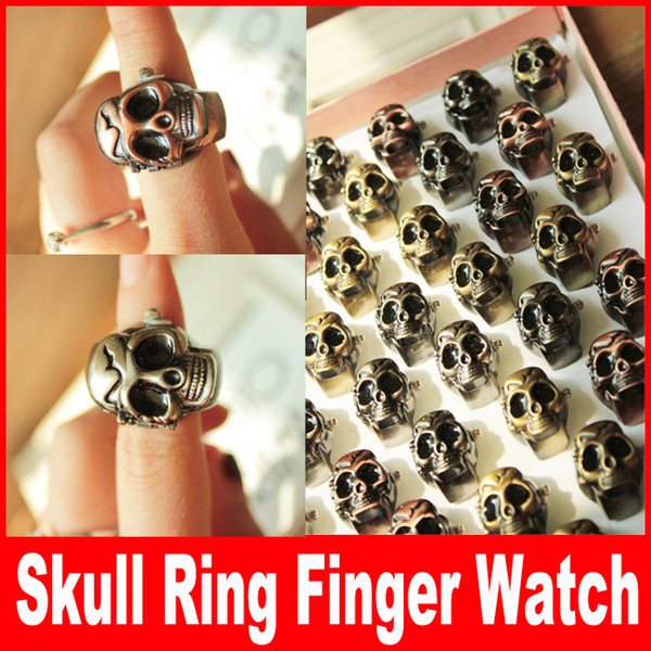 Classic Antique Brass Skull Skeleton Metal Ring Finger watch creative Ring Watches Skull Head Cover Clamshell Finger Ring Watch Gift