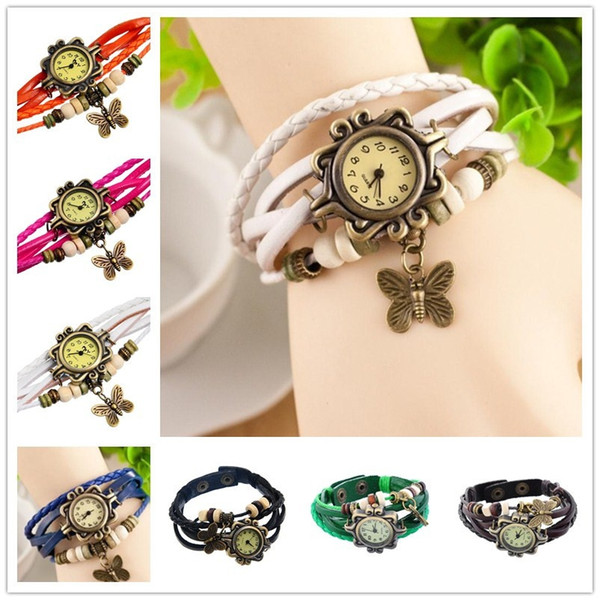 Women Fashion Vintage Butterfly Drop Leather Bracelet Watch Wrap Watch