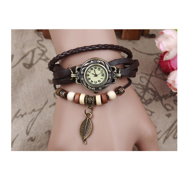 2019 New Free Shipping High Quality Female Leather Retro Watch, Small Leaf Pendant Bracelet Watch Ornament Christmas Gift