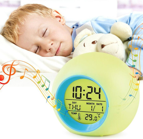 free shipping electronic table clock, Round seven color alarm clock calendar bedside spherical child alarm clock natural sound clock