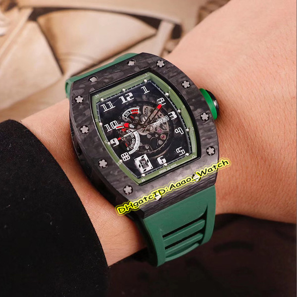 Best Edition Luxry Version RM030 CERAMIC Skeleton Date Dial Japan Miyota Automatic Mens Watch Carbon Fiber Case Green Rubber Strap Watches