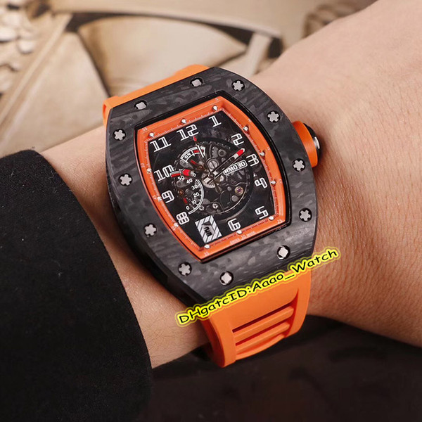 Best Edition Luxry Version RM030 CERAMIC Skeleton Date Dial Japan Miyota Automatic Mens Watch Carbon Fiber Case Orange Rubber Strap Watches