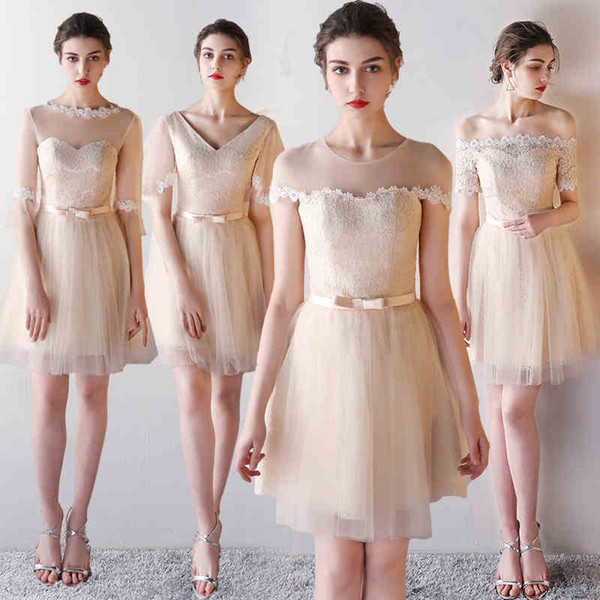 Light Champagne Bridesmaid Dress Knee Length tulle Lace Bridesmaid Dresses Lace-up Back Country Wedding Party Dress Cheap In Stock Fast Ship